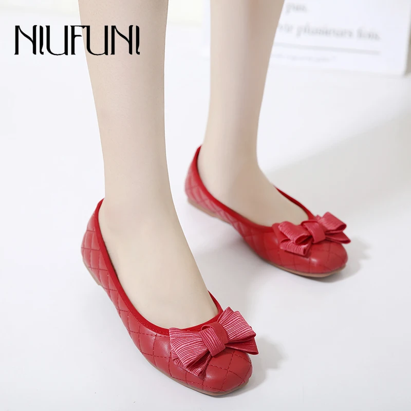 

NIUFUNI 2019 Women Ballet Flats Shoes Sweet Bowtie Wedding Shoes Woman Shallow Square Toe Summer Female Casual Shoes