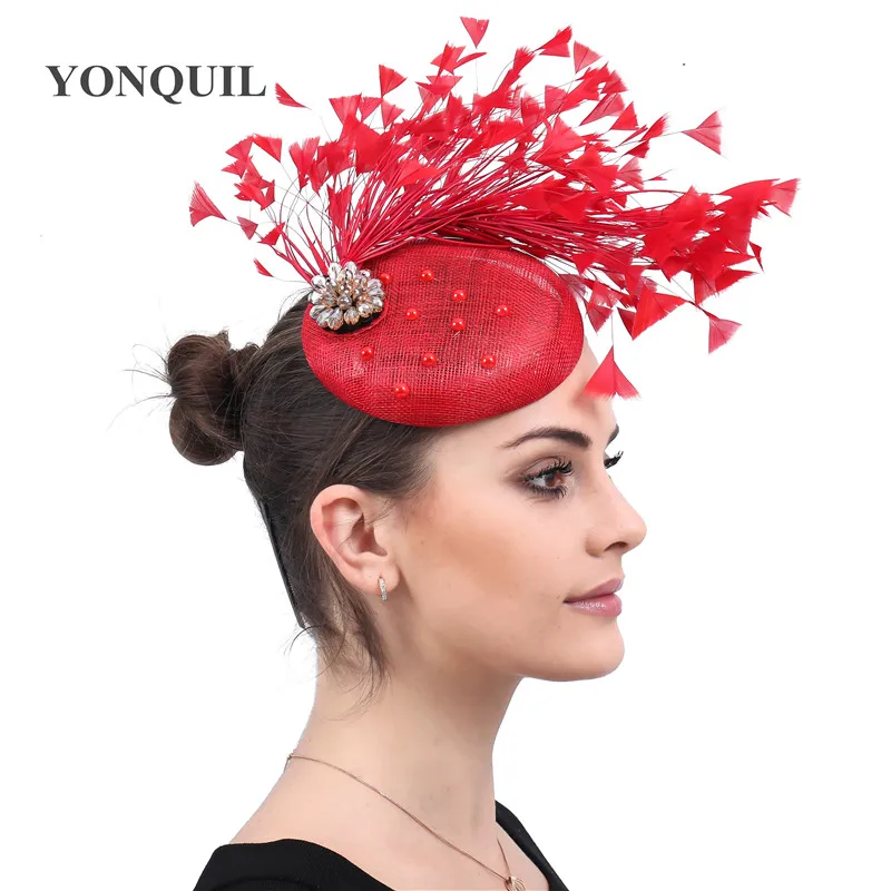 

Ladies Fashion Red Fascinators Hats Feathers Cocktail Formal Dress Hats For Party Race Day Derby Wedding Headpiece New Arrival