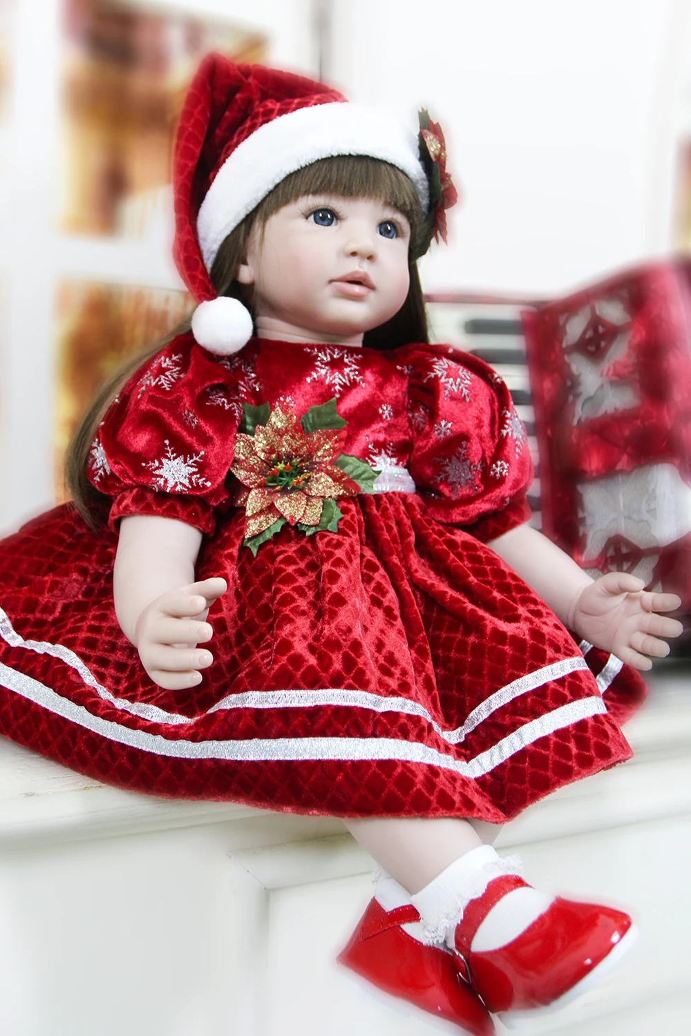 

Christmas Collection Lifelike Doll Silicone Reborn Girl Baby Doll Princess Doll Toys for Girls Birthday Gifts Long Brown Hair
