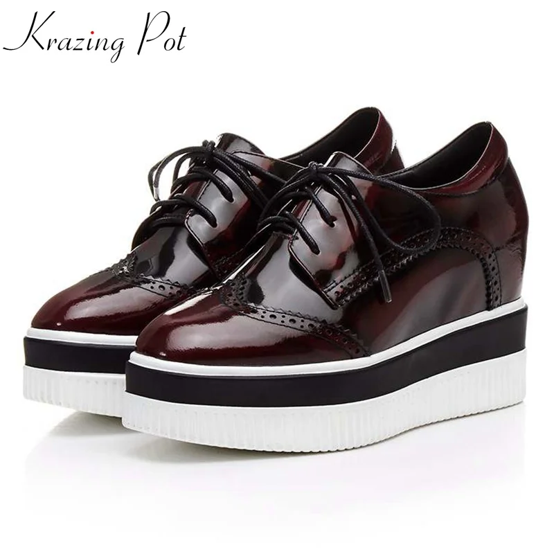 

Krazing Pot new arrival cow leather shoes women square toe radient women pumps thick bottom wedges increased oxford shoes L2f6
