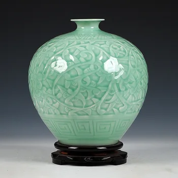 

Antique Jingdezhen Chinese Ceramic Green Engraving Jade Vase Wedding Decorationwhite Porcelain Vase Flower Vase Gift