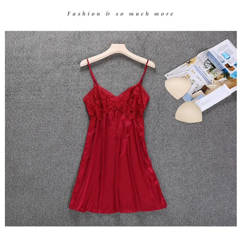 Satin Sexy Nightwear Ladies Sling Night Dress Plus Size Silk Nightdress for Female V Neck Womens Nightgown Sleepwear Chest Pads 49 (9)