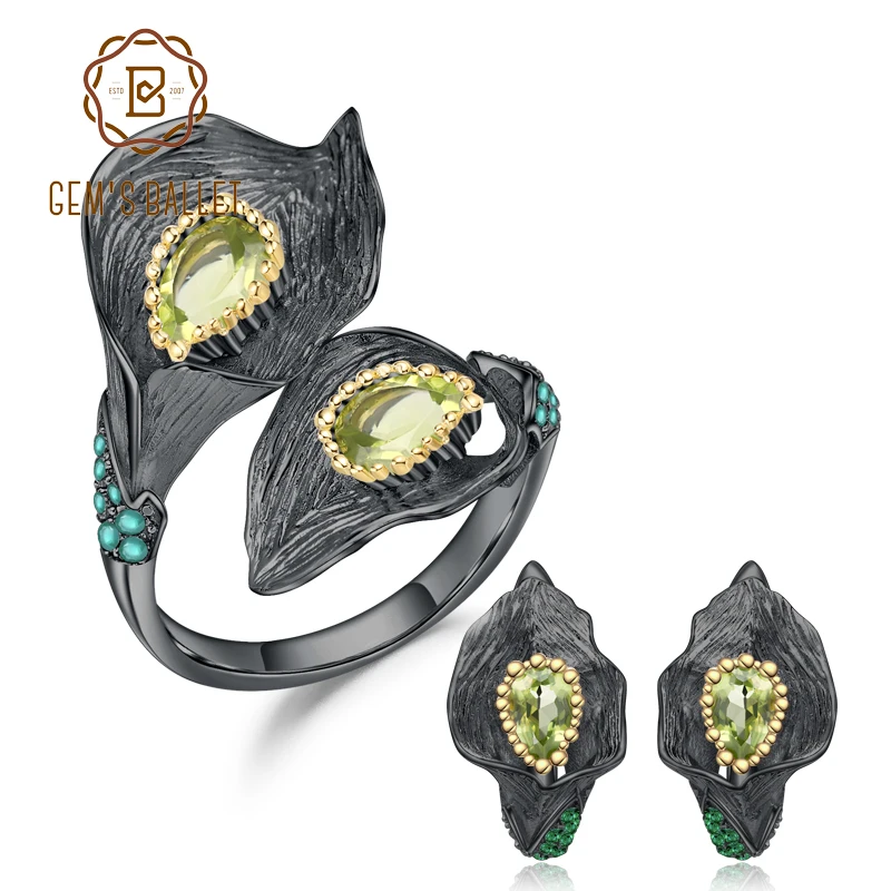 

GEM'S BALLET 2.83Ct Natural Peridot Ring Earrings Gemstone Sets 925 Sterling Silver Handmade Calla lily Jewelry Set For Women