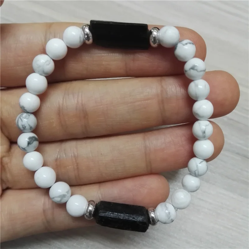 

Natural Rough Black Tourmaline Healing Stone Bead 6mm Polished White Turquoises Howlite Stone Energy Bracelet For Man Women