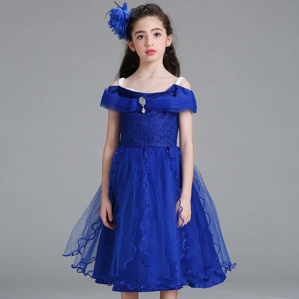 

2 To 12 Years Old Little Girls Off Shoulder Knee Length Dress White Purple Pink Royal Blue Cocktail Beaded Gown for Wedding Kids