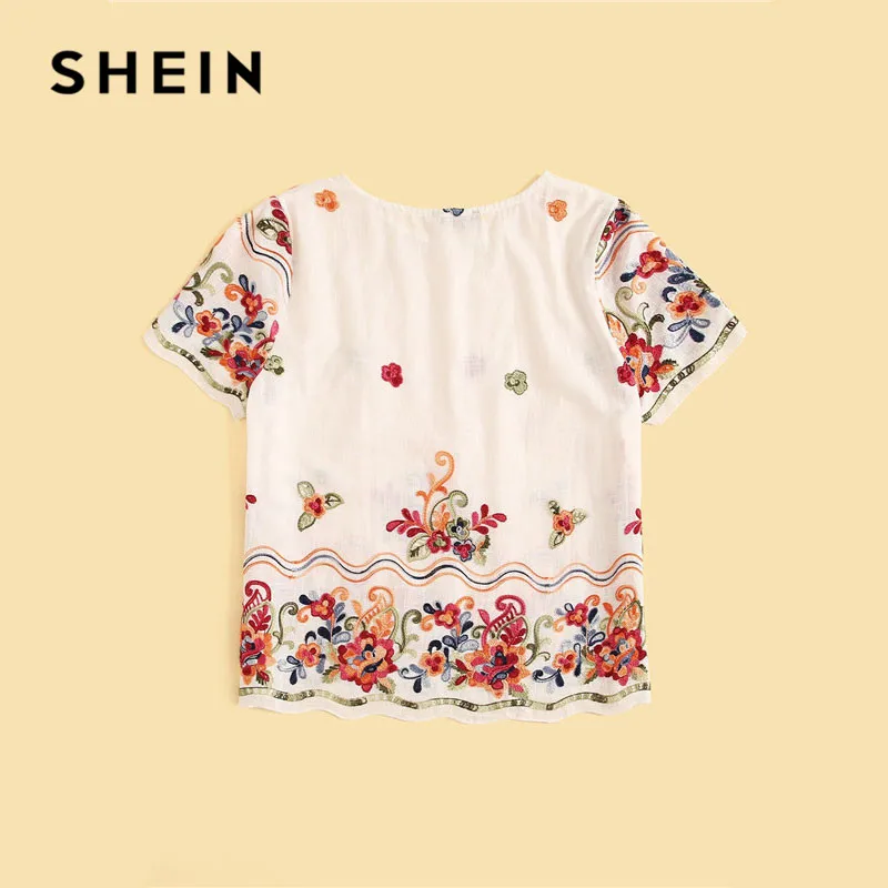 SHEIN белая блузка с цветочной вышивкой, Женские топы и блузки, Boho, хлопковая блуза с круглым вырезом и коротким рукавом,, женские топы