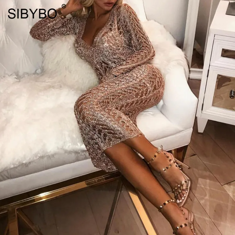 Женское трикотажное платье Sibybo длинное с глубоким вырезом длинным рукавом и