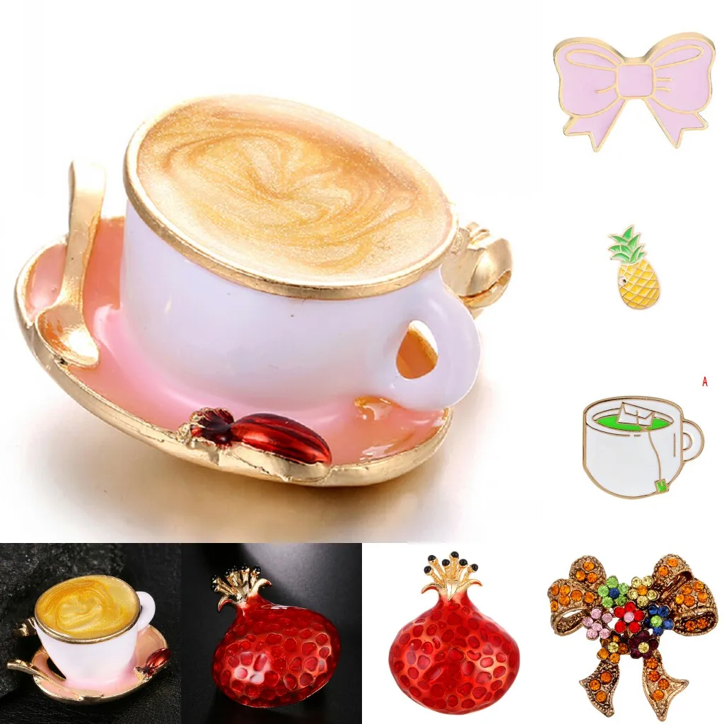 

2019 Hot 1PC 4 Styles Red Pomegranate Pineapple Fruit Bow Knot Brooch Coffee Tea Cup Badge Pin Scarf Buckles Suit Brooch