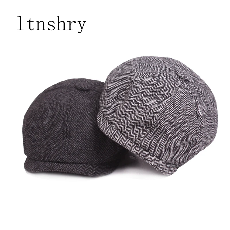

New Autumn Winter Men Flat Cap Grey herringbone Newsboy Bakerboy Hats Cotton Beret Hat British Retro Men Woolen Flat Cap