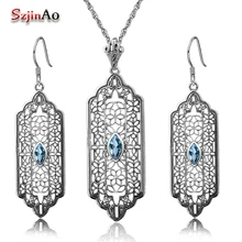 Szjinao пользовательские 2.8ct Аквамарин для женщин 925 пробы серебряные украшения со стразами наборы серьги/кулон Винтаж bijoux подарочная коробка