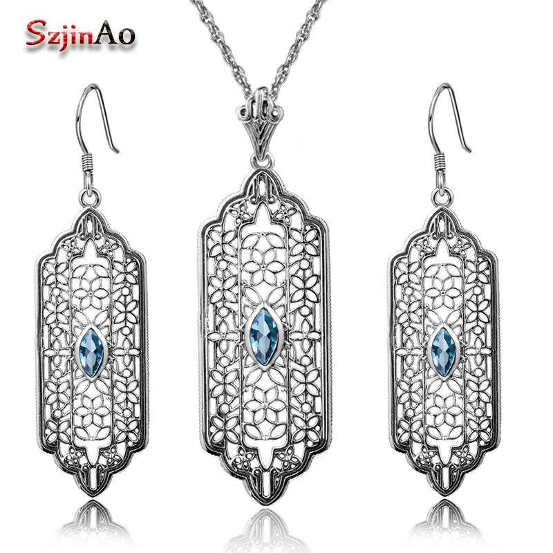 

Szjinao Custom 2.8ct Aquamarine Women 925 Sterling Silver Crystal Jewelry Sets Earrings/Pendant Free Vintage bijoux Gift Box