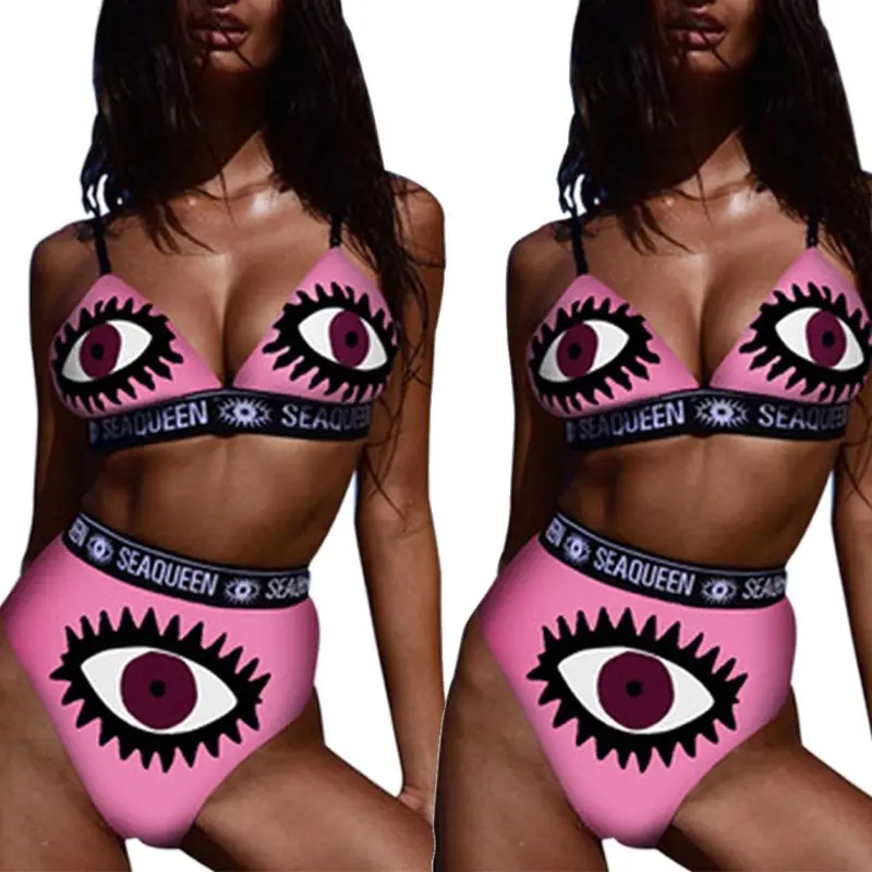 

Womens Sexy Two Piece Bikini Set Deep V-Neck Triangle Bra High Waist Thong Graffiti Eyelash Big Eyes Printed Sports Swimsuit
