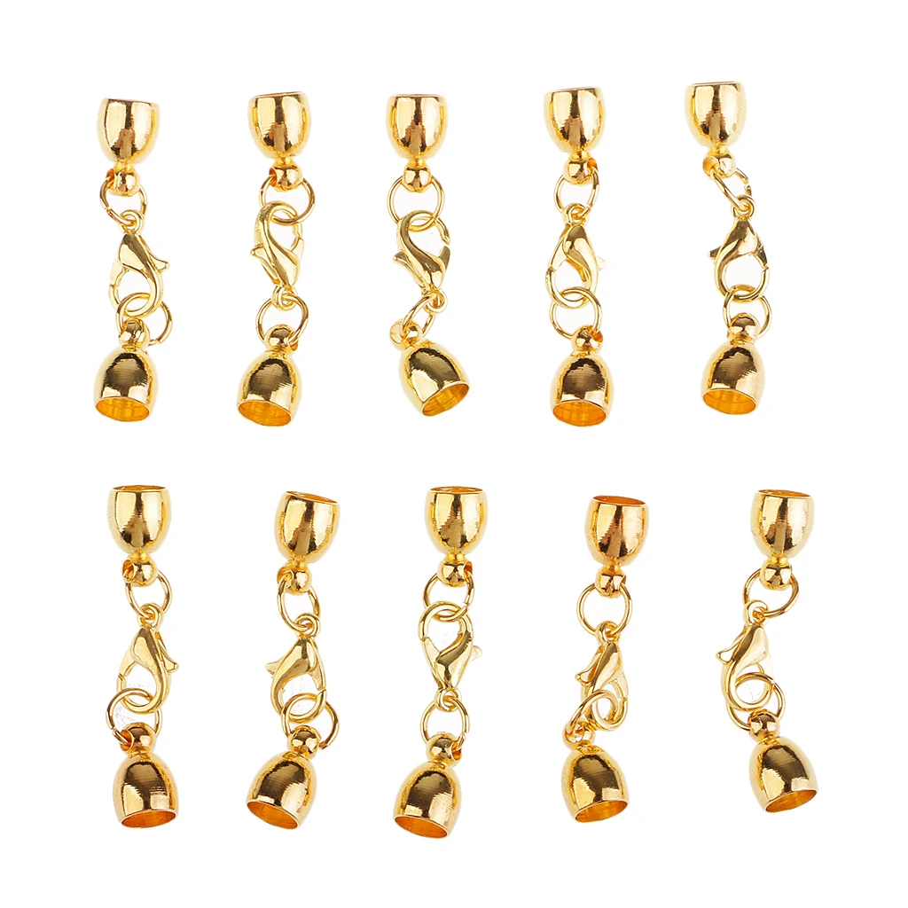 10x Gold Bell Shape Leather Cord End Cap Tips for 5mm Cord with Lobster Clasps Jewelry Findings for DIY Bracelet Necklace