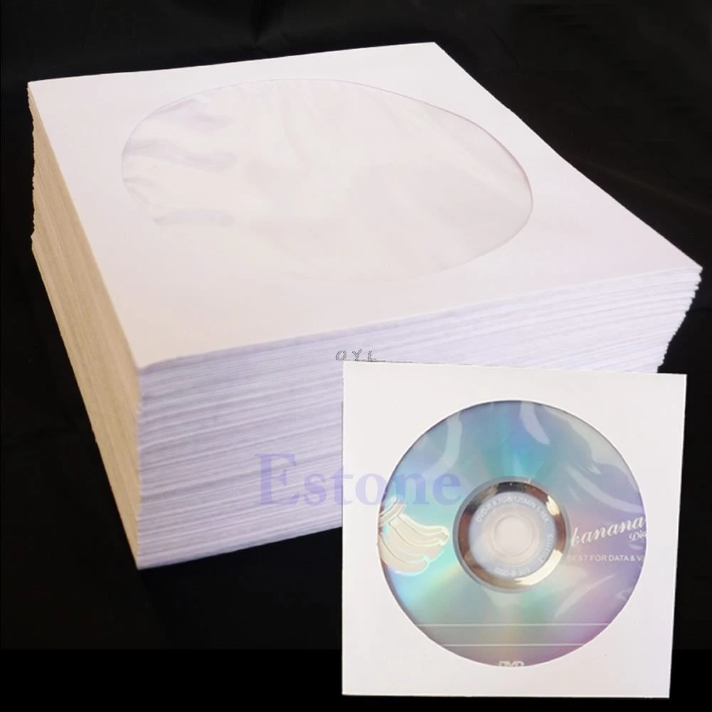 Fundas de papel para discos de CD y DVD, sobres de almacenamiento de 5 pulgadas, transparentes, con solapa, 50 unidades