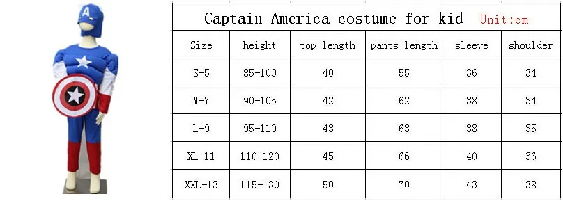 Супергерой Мстители Капитан Америка Мышцы костюм высокое качество Хэллоуин малыш Chidlren костюм Косплэй одежда для вечеринки