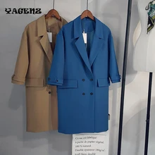 2017 Double Breasted Woman Coats Fashion Solid Camel Straight Blazers Outwears Autumn Winter Long Section Ladies suit Jacket 167