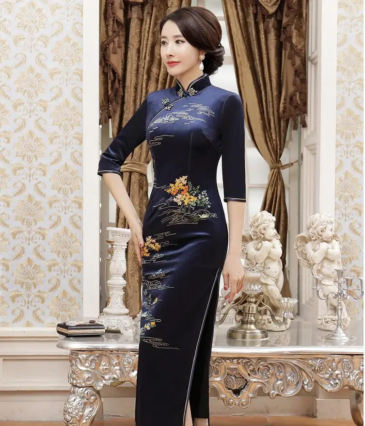 Новое поступление, женское велюровое длинное платье Cheongsam, модное платье в китайском стиле, элегантное платье Qipao Vestido, Размеры S M L XL XXL XXXL 4XL T0043