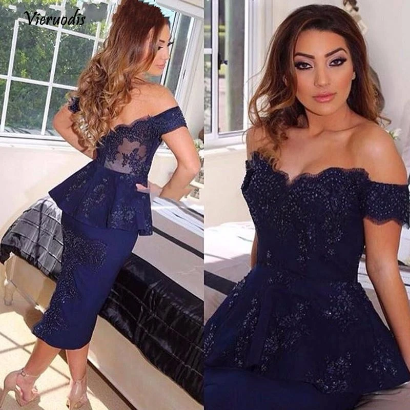 

Robe de Cocktail 2019 long off the shoulder blue lace Prom Dress Cocktail Dresses Tea Length with Lace Appliques and Sequins