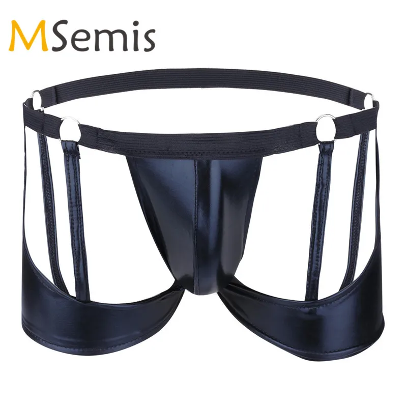 

Mens Lingerie Trunks Boxer Patent Leather Shorts Men Boxer Gay Strappy Open Butt Boxer Underwear Men Gay Pouch Panties Jockstrap