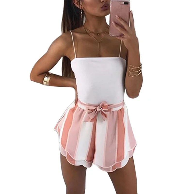 

2019 Beach Summer Shorts Women Fashion Bow Tie Pink White Striped Shorts Loose Casual Mid Waist Short Femme Streetwear Bottoms