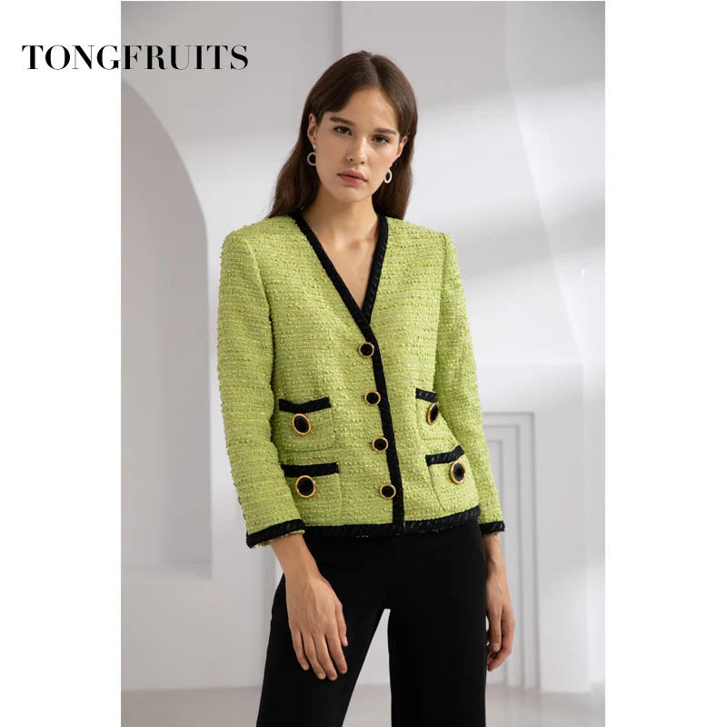 

Green Outwear Women Autumn Elegant Retro Splice Solid Color V Neck Single Pocket Breasted Casual Suit Jacket Female Coat