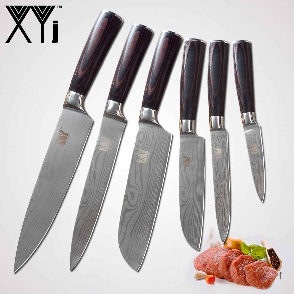 

XYj Damascus Pattern Kitchen Knives 7Cr17 Stainless Steel Knives Chef Slicing Santoku Utility Paring Cooking Knife Accessories