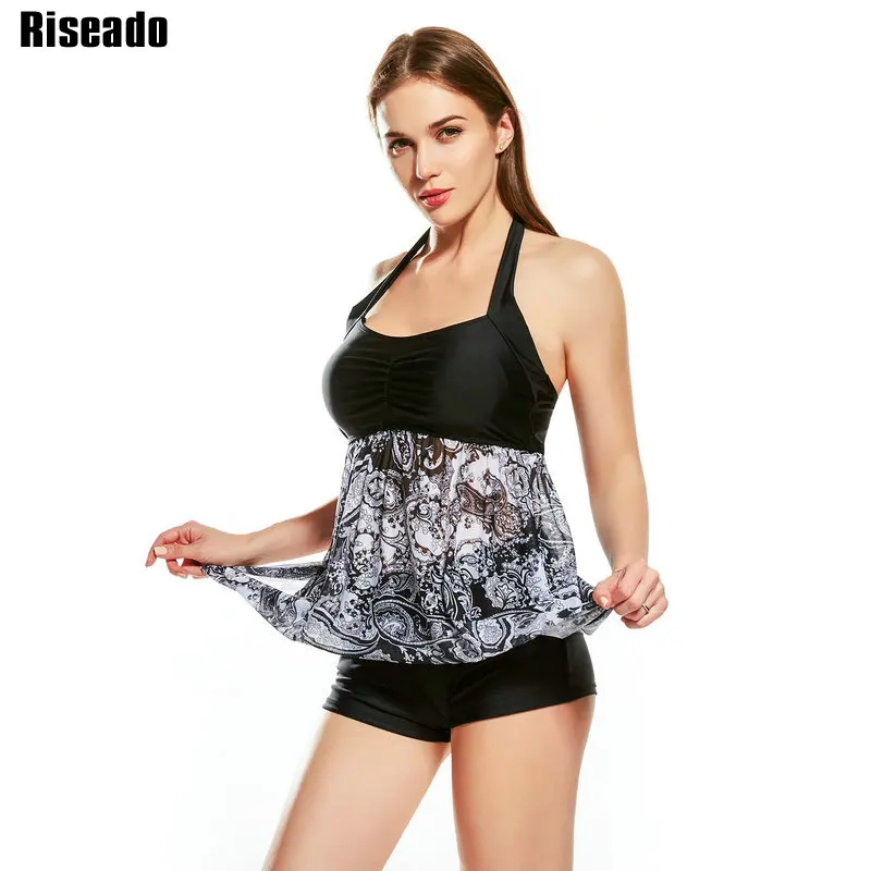 

Riseado New Plus Size Swimwear Women Skirted Halter Two-piece Swimsuit Shorts Sexy Floral Printing Bathing Suits Tankini Set