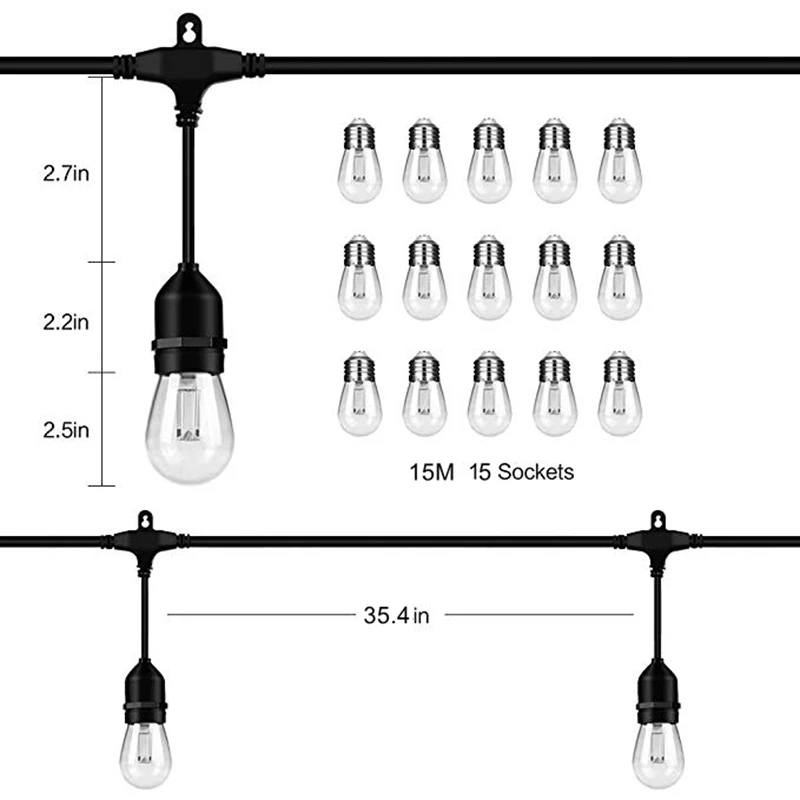 7 м/15 м светодиодный лампочка эдисона, струнный светильник s, водонепроницаемый, E27, подключаемый, гирлянда для сада, свадьбы, праздника, светильник