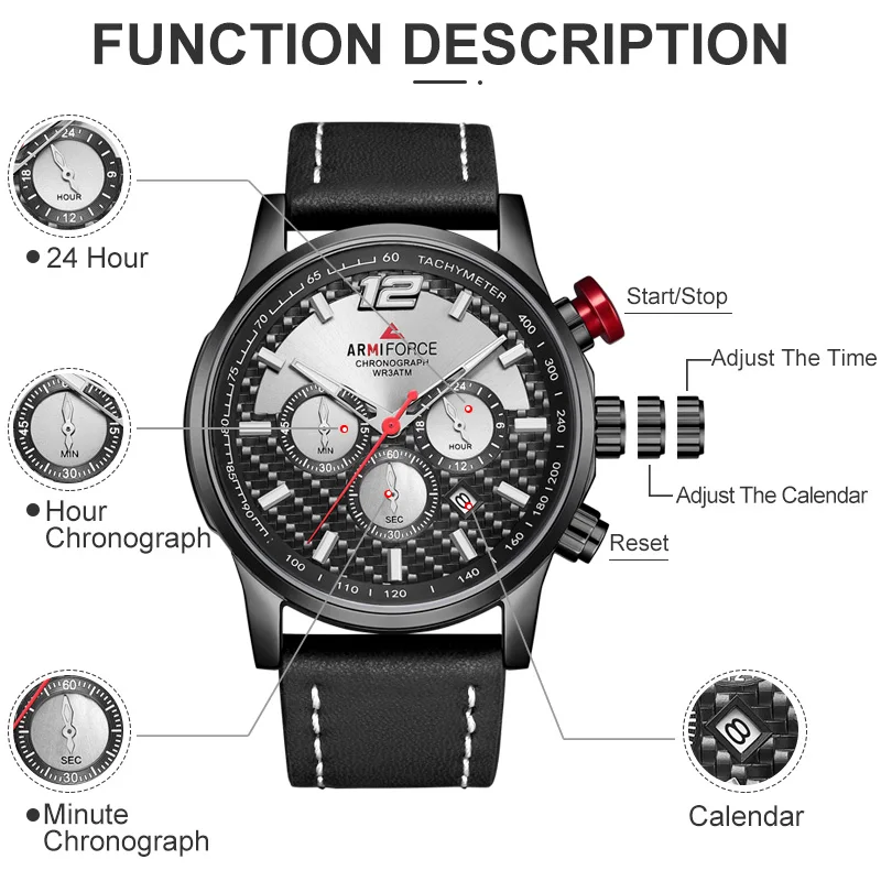 Роскошные мужские часы ARMIFORCE спортивные наручные из натуральной кожи кварцевые