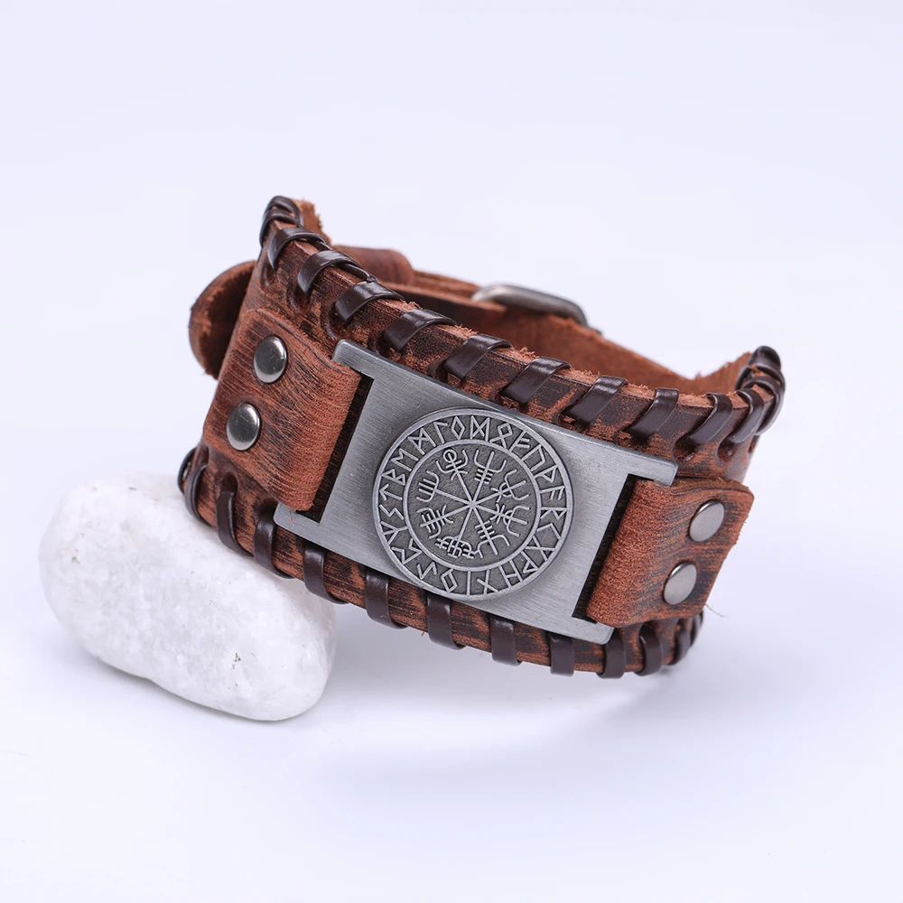 Teamer الشمال فايكنغ رون Vegvisir البوصلة سحر الإسورة أساور جلدية حقيقية الرجال خمر العتيقة الفضة واسعة جديلة سوار