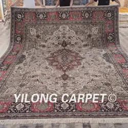 Yilong 10'x14 Vantage Тебриз шелковый ковер большой черный красный медальон Кум шелковый ковер (SCH013A10x14)