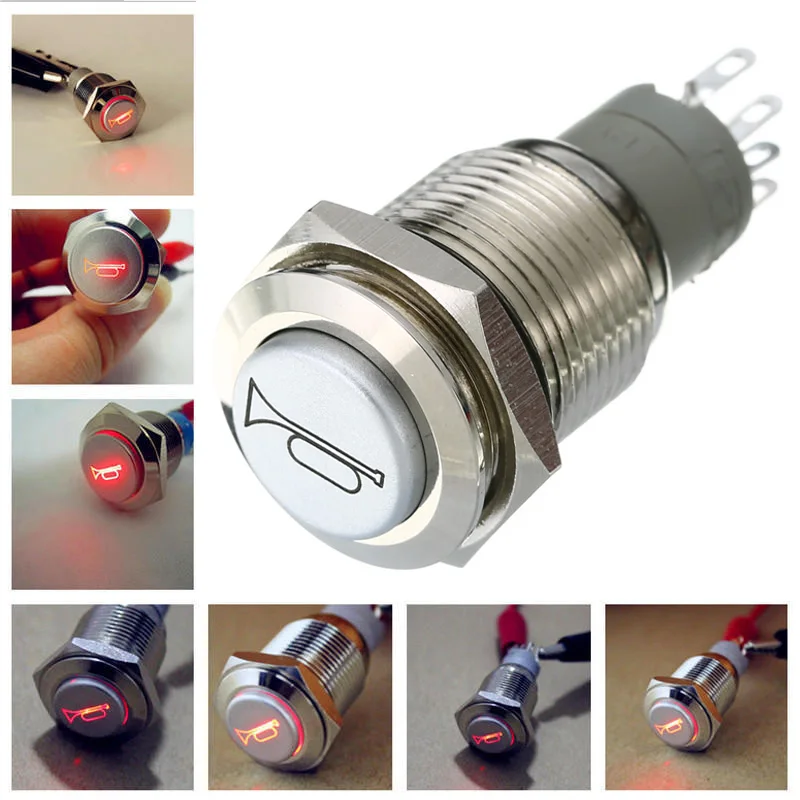 

Mayitr 1pcs 16mm Car Red LED Momentary Push Button 12V 3A Replace Horn Metal Switch Auto Boat Speakers Bells Horn