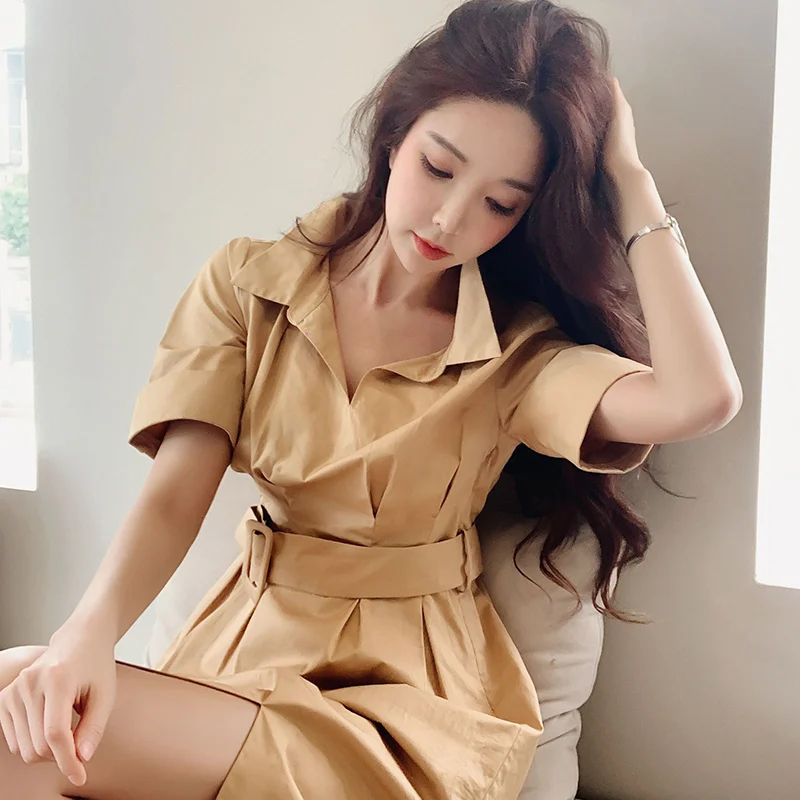 

Dabuwawa Women's Cotton Elegant Turn-down Collar Dress 2019 New Fashion Office Lady High Waist Slim Knee-Length Dress DN1BDR143