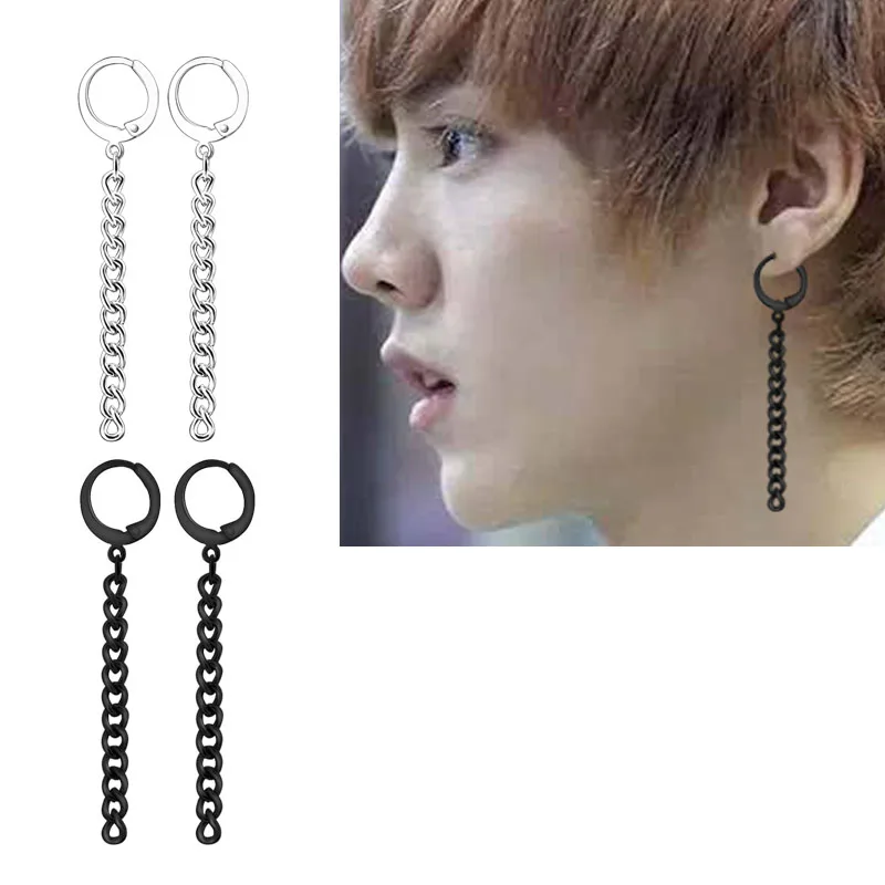 2PCS Men's Chain Tassel Hoop Earrings Titanium Steel Silver Black Anti-allergic Small Creoles Fashion Punk Jewelry Free Shipping1