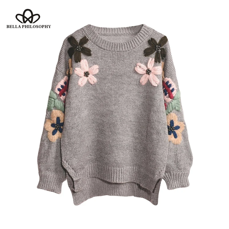 Wonder 2018 new autumn Sueter Mujer Floral Embroidey Sweater O Neck Beading Pearl Sweet Pullover Casual Knit Jumper tops
