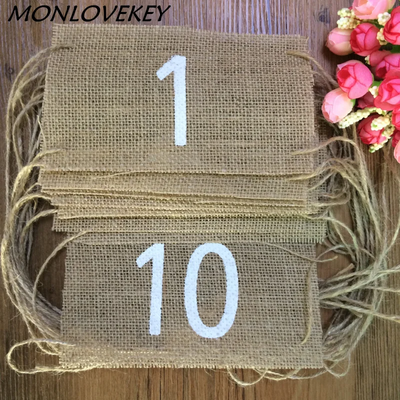 

10pcs/set jute banner with hemp rope burlap Table Number table card srustic wedding centerpieces deco vintage wedding decoration