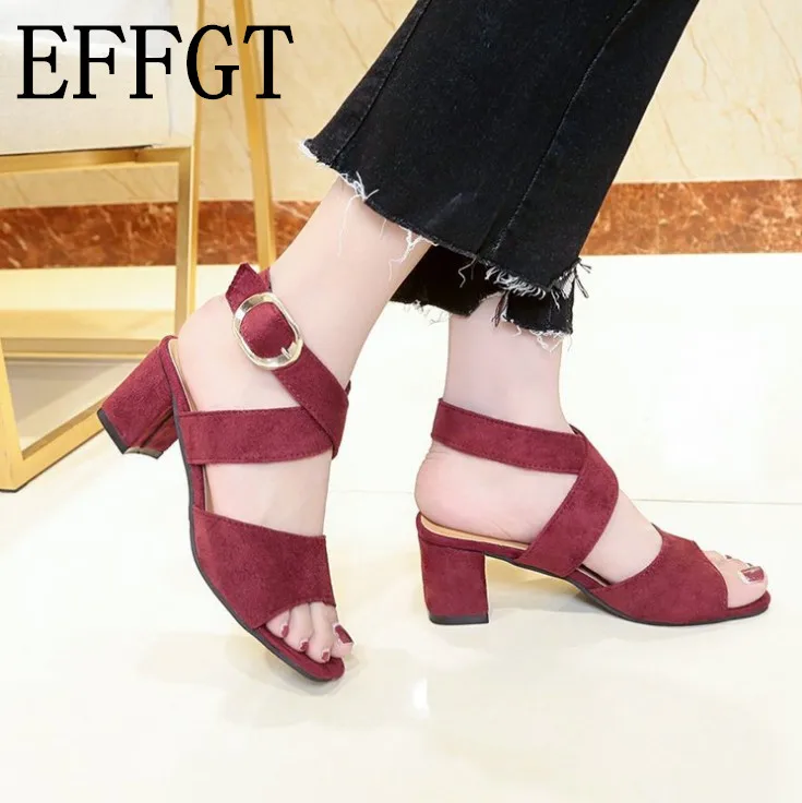 

EFFGT 2019 Woman Sandals Summer Women shoes Open Toe buckles Casual sandals Woman Fashion Thick with High heels summer Sandals