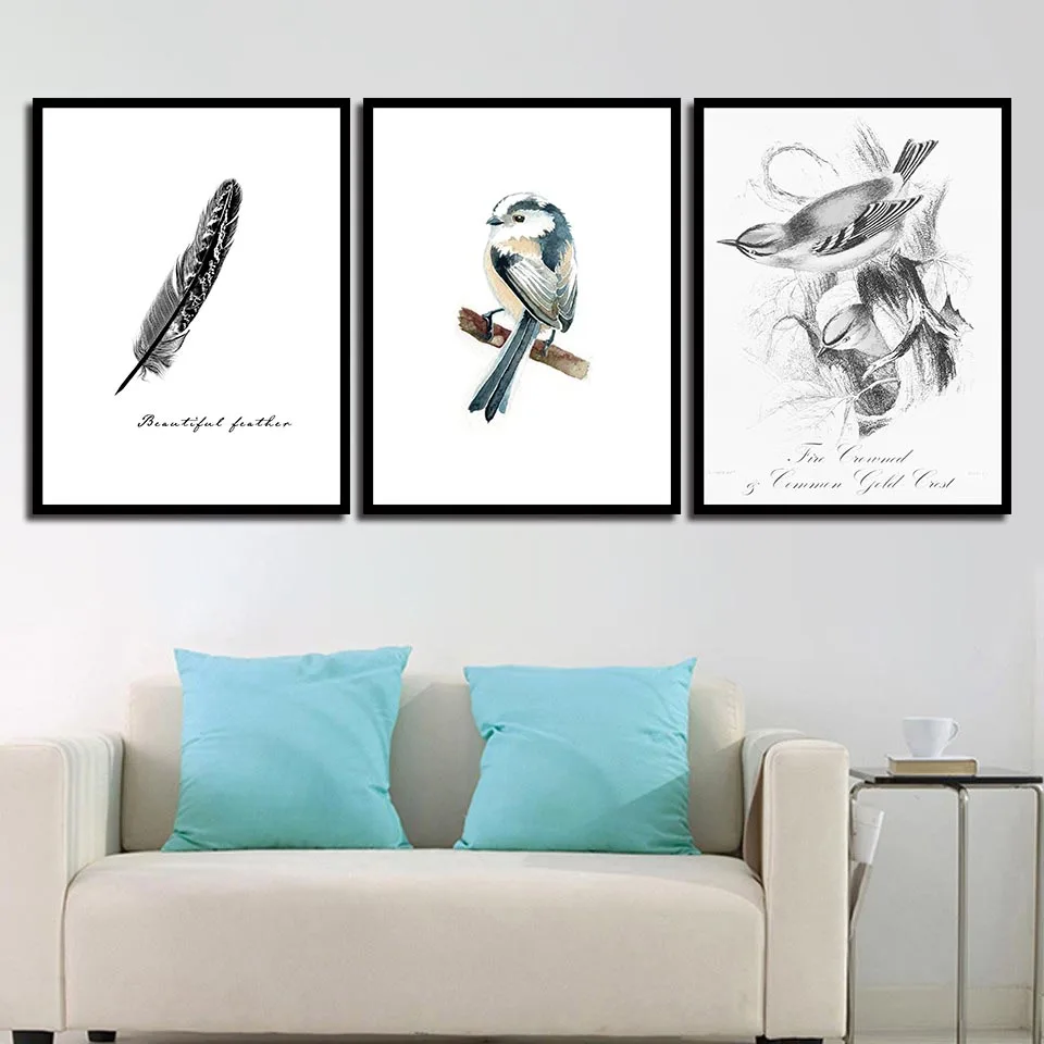 

Canvas Printed Poster Home Decor Nordic Black And White Feathered Animal Birds Painting Wall Art Pictures Living Room Modular