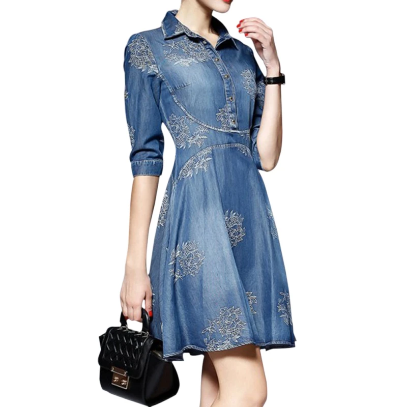 

Summer Slim Vintage Jeans Dresses Vestidos 2018 Women Fashion Floral Embroidery Dresses Plus Size Denim
