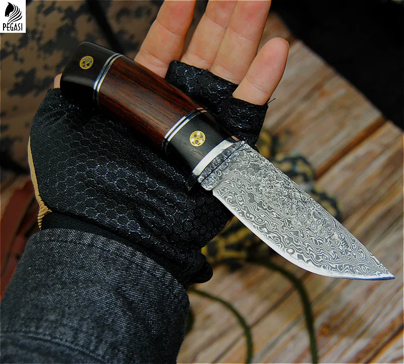 US $29.89 Pegasi Damascus Steel Round Wooden Handle Outdoor Hunting Knife High Hardness Forging Straight Blade Li Gifts Knives Wholesale