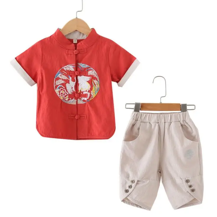 Летний костюм в стиле ретро с вышивкой; футболка в китайском стиле для маленьких мальчиков+ шорты; комплект детской одежды из хлопка и льна для девочек; От 2 до 10 лет для детей - Цвет: 2
