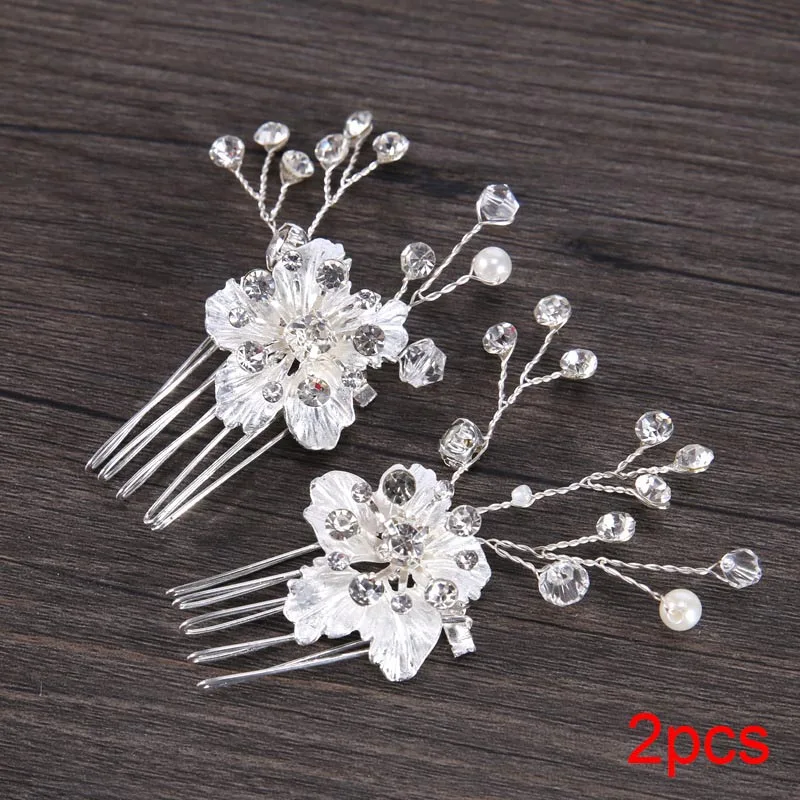 2 Pcs Delicate Small Hair Combs For Women Crystal Floral Comb Bride