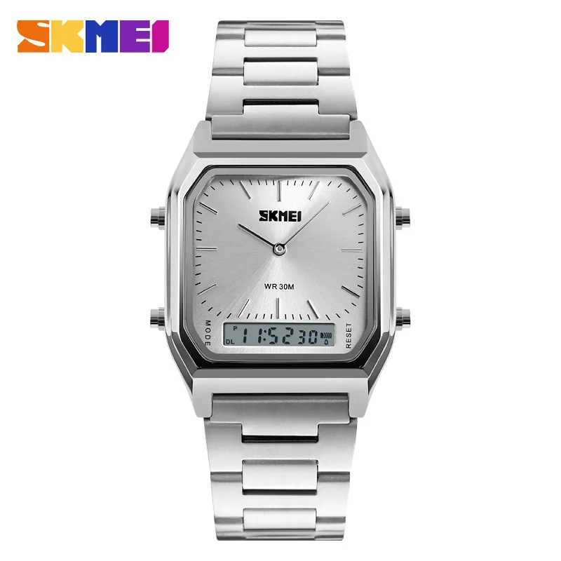 

SKMEI 1220 Men Digital Quartz Watches Fashion Casual Stainless Steel Strap 2 Time Zone Chronograph Waterproof Man Sport Watch