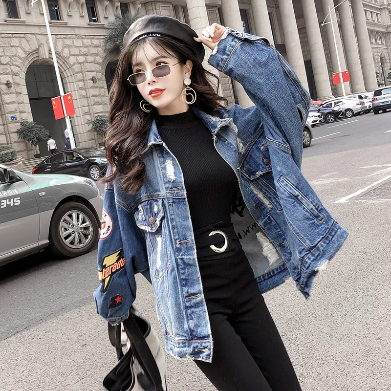 wonderful  Ladies Patch Denim Jacket With Letter Embroidery Women Bf Style Punk Long Sleeve Loose Streetwear J
