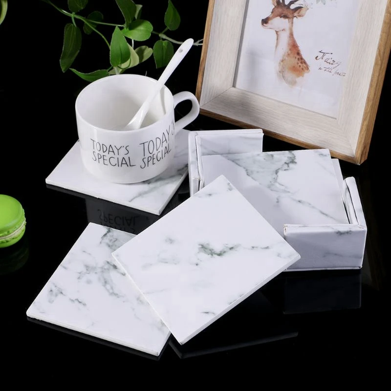  6Pcs/Set Marble Leather Square Drink Coasters Placemat Cup Mat Pad Holder Kitchen Tableware for Hom
