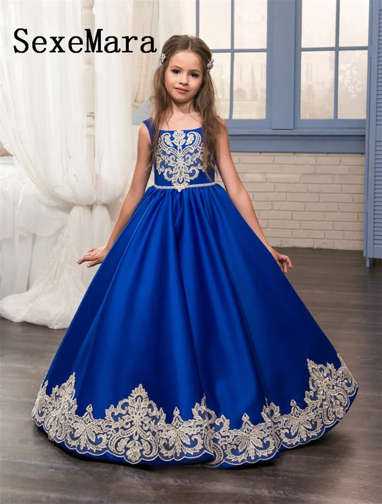 

New Royal Blue Flower Girl Dresses for Wedding Ball Gown with Bow Little Princess Pageant Party Birthday Gowns Vestidos Longo