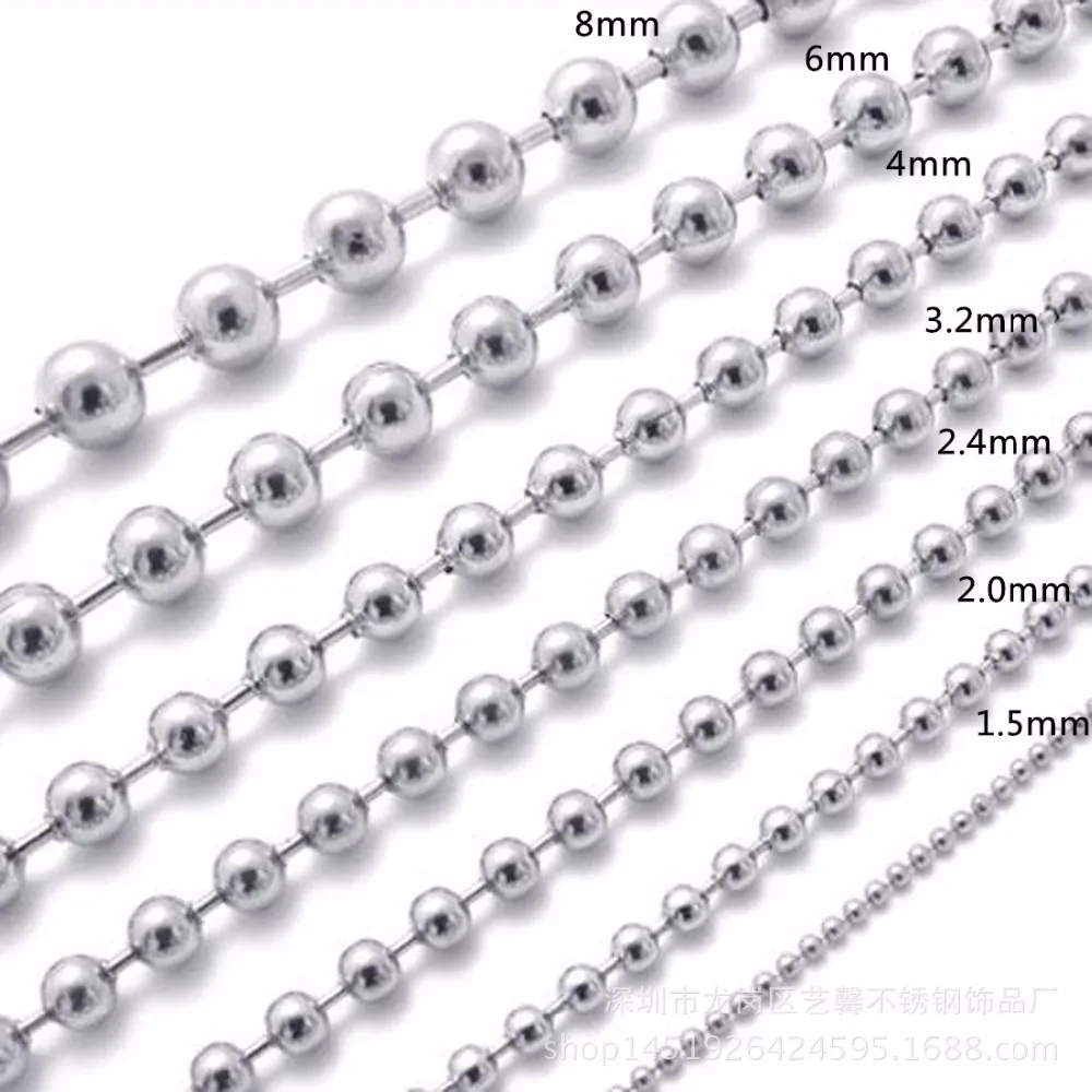 

Hot Selling Multiple Sizes Beads Chain 1.5/2/2.4/3/3.2 mm Width Silver Stainless Steel Beads Chain Necklace Custom 16-40