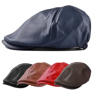 Mens PU Leather Beret Hat Casquette Flat Visor Newsboy Cap With Perforated Decorated