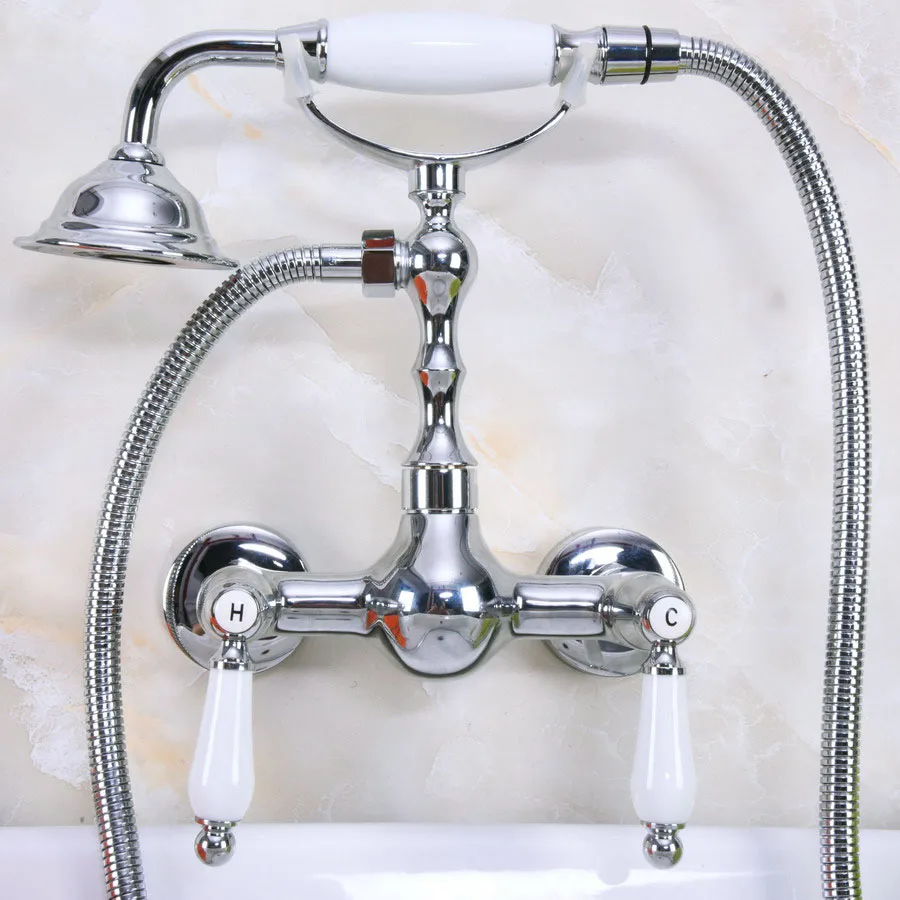 

Modern Wall Mount Polished Chrome Brass Bathroom Clawfoot Hand Shower Faucet Mixer Tap Set Telephone Shape Hand Spray ana214
