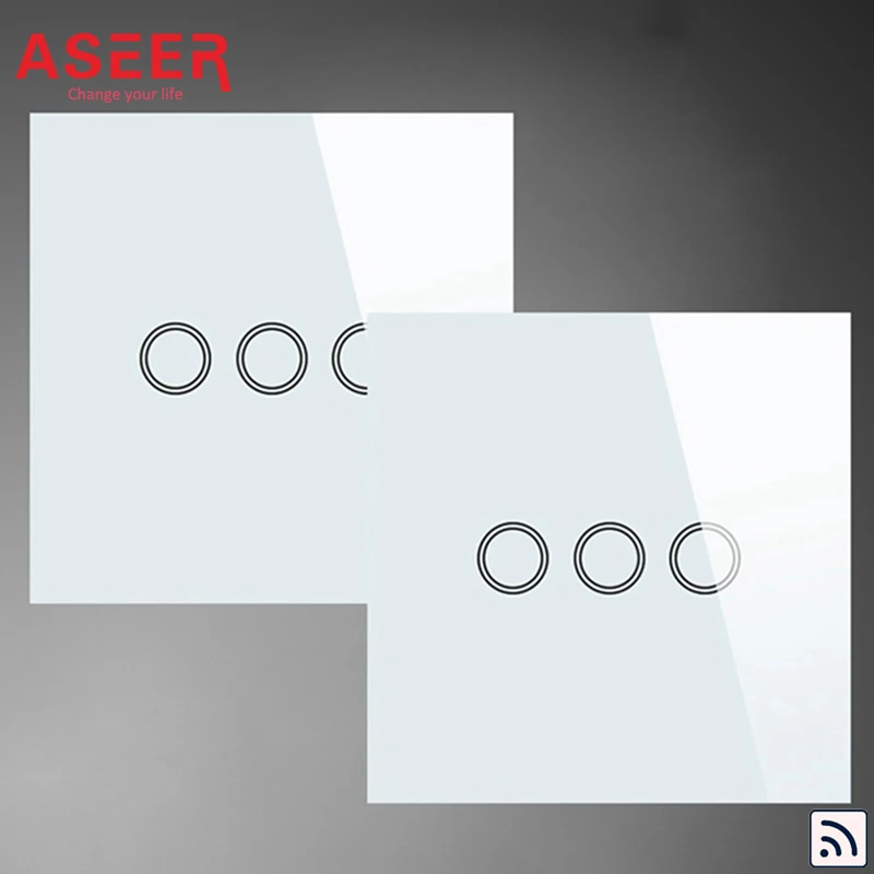 

ASEER,White Crystal Glass Switch,UK Standard 3 Gang 2 Way Remote Control Switch 1000W,RF 433Mhz Intermediate&Remote Switches